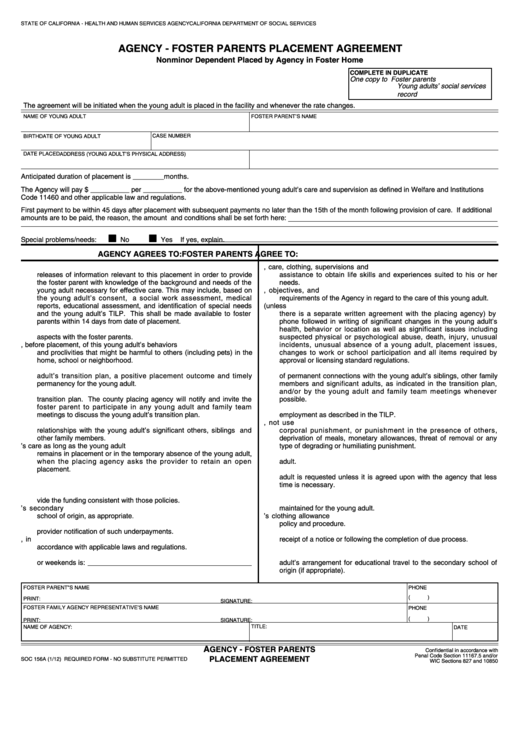 Fillable Form Soc 156a - Agency - Foster Parents Placement Agreement Printable pdf