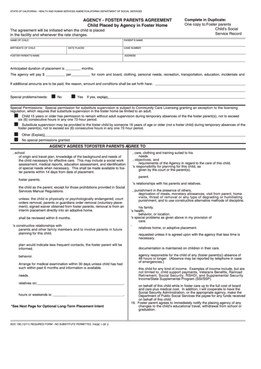 Fillable Form Soc 156 - Agency - Foster Parents Agreement - Child Placed By Agency In Foster Home Printable pdf