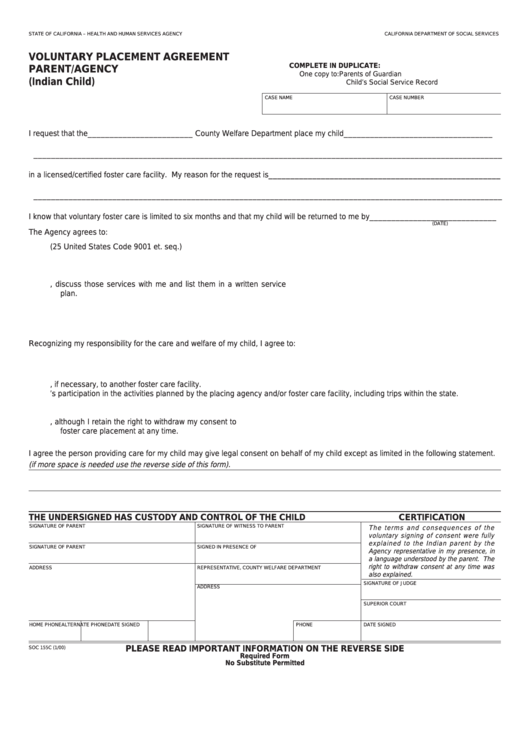 Fillable Form Soc 155c - Voluntary Placement Agreement Parent/agency (Indian Child) Printable pdf