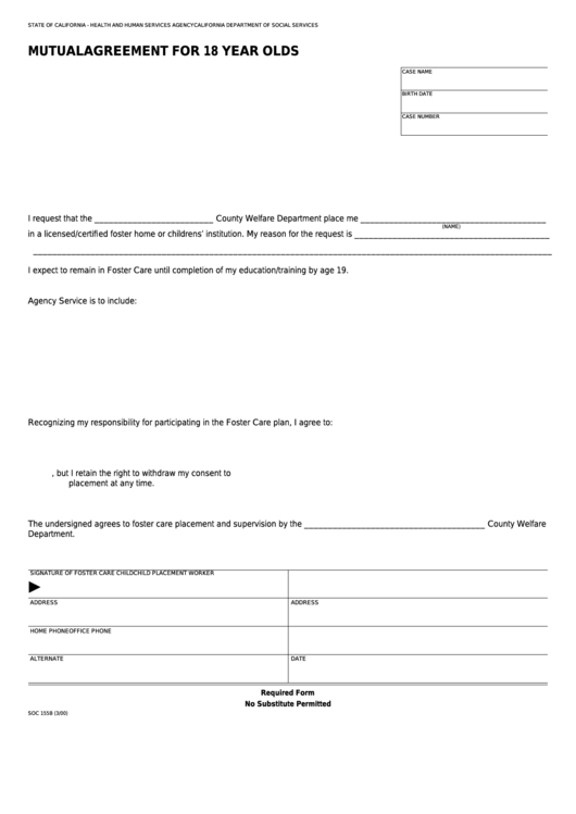 Fillable Form Soc 155b - Mutual Agreement For 18 Year Olds Printable pdf