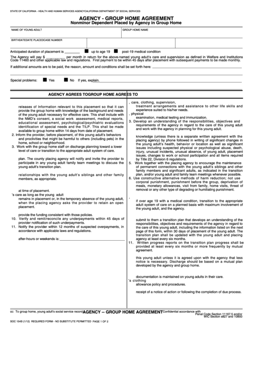 Fillable Form Soc 154b - Agency - Group Home Agreement - Nonminor Dependent Placed By Agency In Group Home Printable pdf