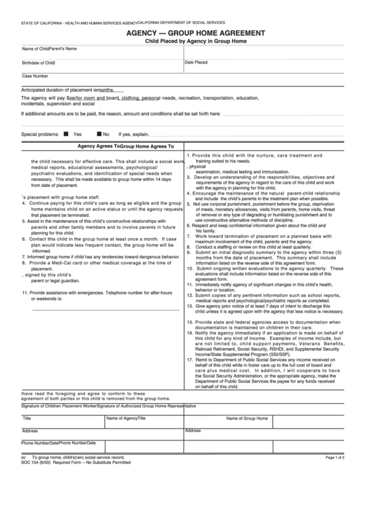 Fillable Form Soc 154 - Agency - Group Home Agreement - Child Placed By Agency In Group Home Printable pdf