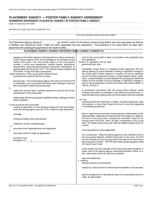 Fillable Form Soc 153 - Placement Agency - Foster Family Agency Agreement - Nonminor Dependent Placed By Agency In Foster Family Agency Printable pdf