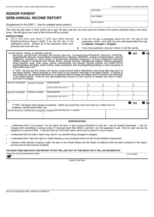 Fillable Form Sar 73 - Senior Parent Semi-Annual Income Report Printable pdf