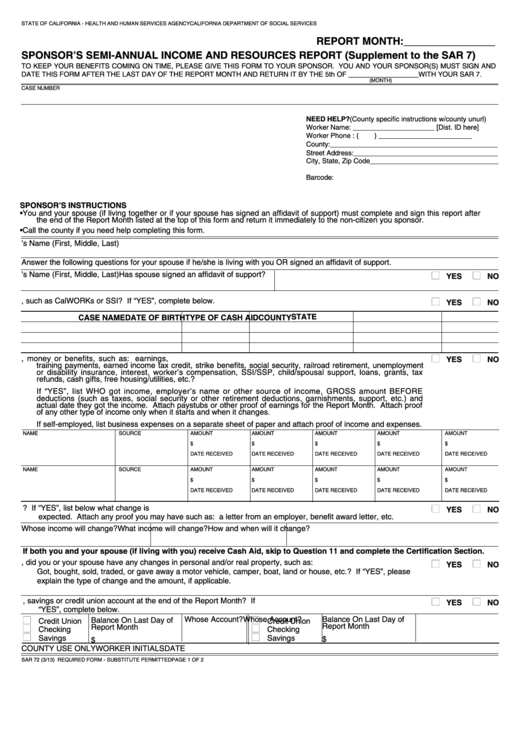 Fillable Form Sar 72 - Sponsor