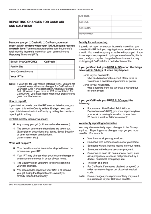Fillable Form Sar 2 - Reporting Changes For Cash Aid And Calfresh Printable pdf