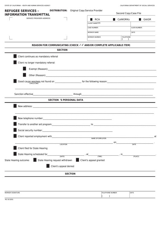 Fillable Form Rs 18 - Refugee Services - Information Transmittal Printable pdf