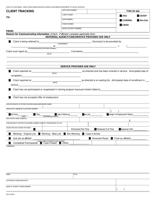 Fillable Form Rs 3a - Client Tracking Printable pdf