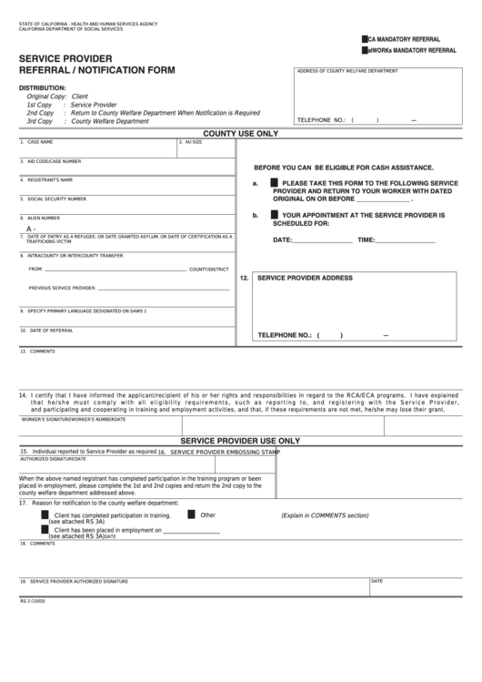 Fillable Form Rs 3 - Service Provider Referral/notification Printable pdf