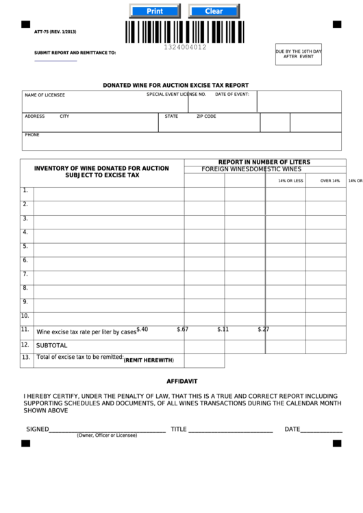 Fillable Form Att-75 - Donated Wine For Auction Excise Tax Report Printable pdf