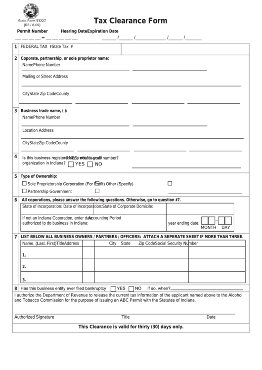 Fillable State Form 53227 - Tax Clearance Form Printable pdf