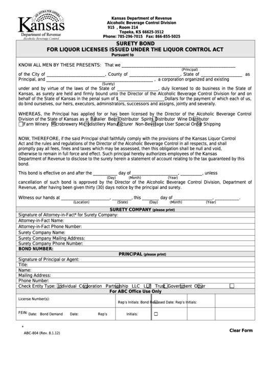 Fillable Form Abc-804 - Surety Bond For Liquor Licenses Issued Under The Liquor Control Act Printable pdf