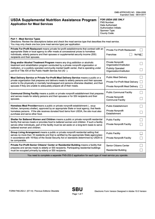 Fillable Form Fns-252-2 - Usda Supplemental Nutrition Assistance Program Application For Meal Services Printable pdf