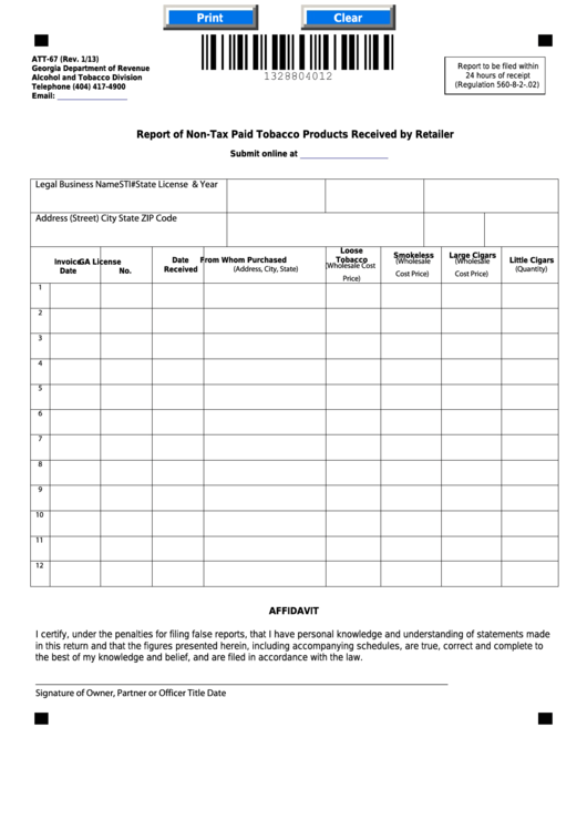 Fillable Form Att-67 - Report Of Non-Tax Paid Tobacco Products Received By Retailer Printable pdf