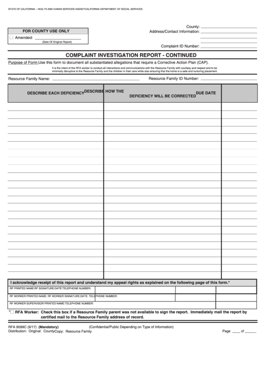 Fillable Form Rfa 9099c - Compliant Investigation Report - Continued Printable pdf