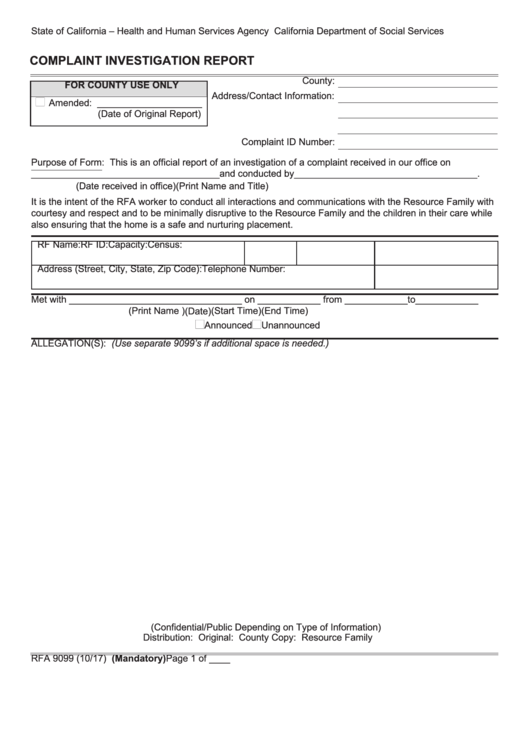 Fillable Form Rfa 9099 - Complaint Investigation Report Printable pdf