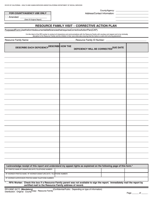 Fillable Form Rfa 809c - Resource Family Visit - Corrective Action Plan Printable pdf