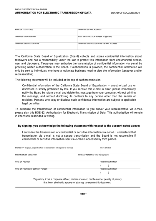 Fillable Form Boe-82 - Authorization For Electronic Transmission Of Data Printable pdf