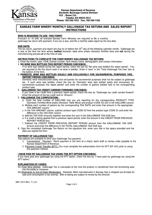 Fillable Form Abc-1013 - Kansas Farm Winery Monthly Gallonage Tax Return And Sales Report Printable pdf