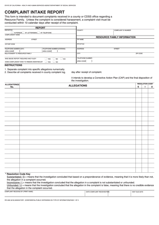 Fillable Form Rfa 802 - Compliant Intake Report Printable pdf