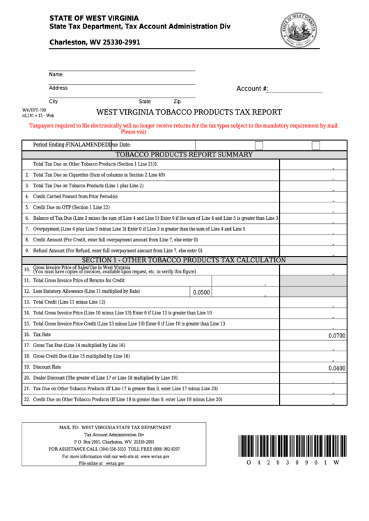 Fillable Form Wv/tpt-709 - West Virginia Tobacco Products Tax Report Printable pdf