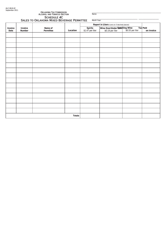Fillable Form Alc-Wl8-4c - Schedule 4c Sales To Oklahoma Mixed Beverage Permittee Printable pdf