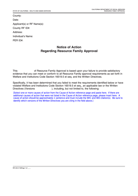 Fillable Form Rfa 09 - Notice Of Action Regarding Resource Family Approval Printable pdf