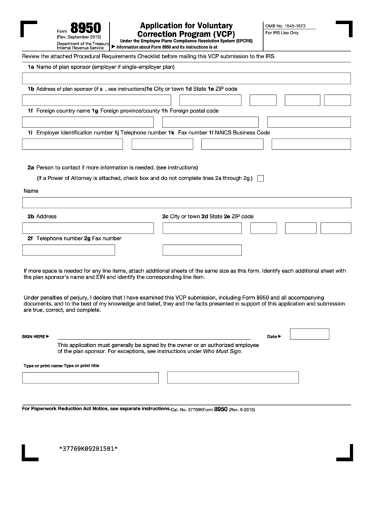Fillable Form 8950 - Application For Voluntary Correction Program (Vcp Printable pdf