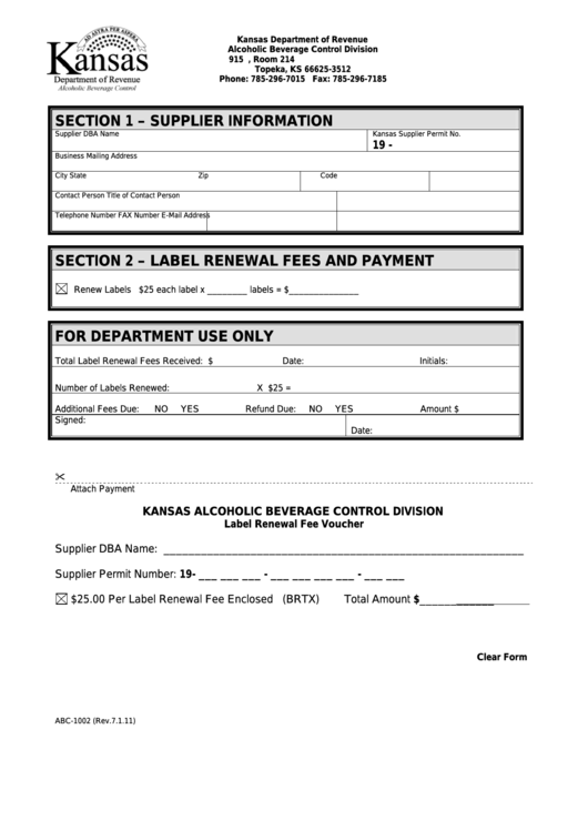 Fillable Form Abc1002 Label Renewal Fee Voucher Kansas Alcoholic