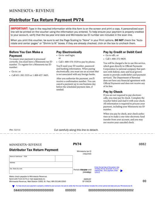 Fillable Form Pv74 - Distributor Tax Return Payment Printable pdf