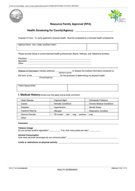 Fillable Form Rfa 07 - Health Screening For County/agency Printable pdf