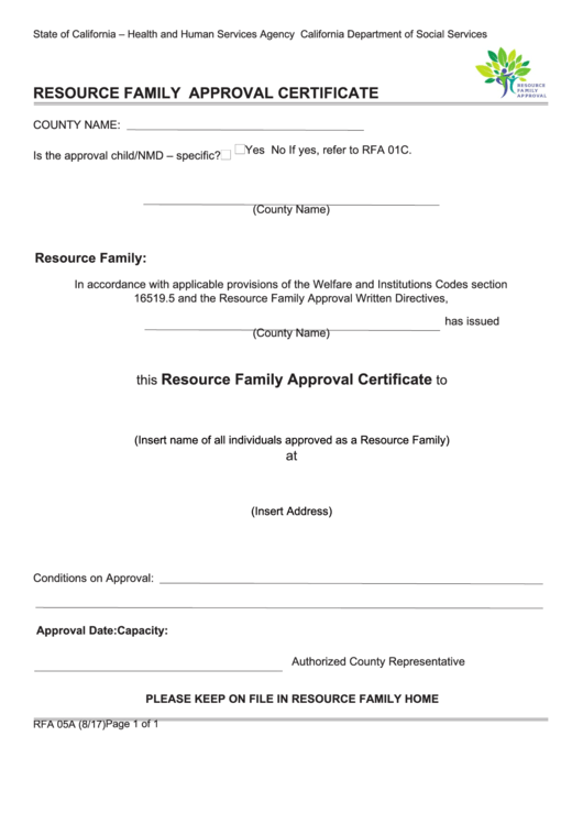 Fillable Form Rfa 05a - Resource Family Approval Certificate Printable pdf