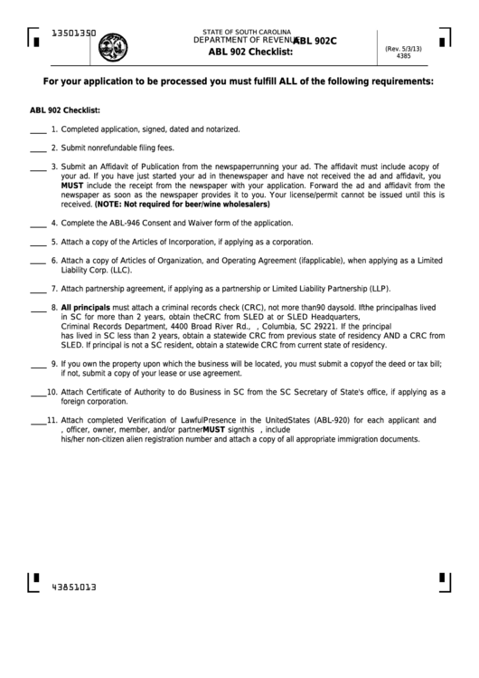 Form Abl 902c - Abl 902 Checklist Printable pdf