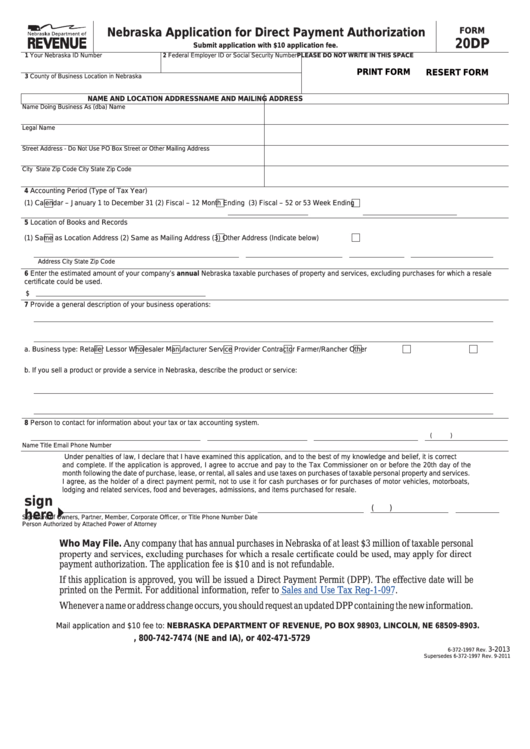 Fillable Form 20dp - Nebraska Application For Direct Payment Authorization Printable pdf