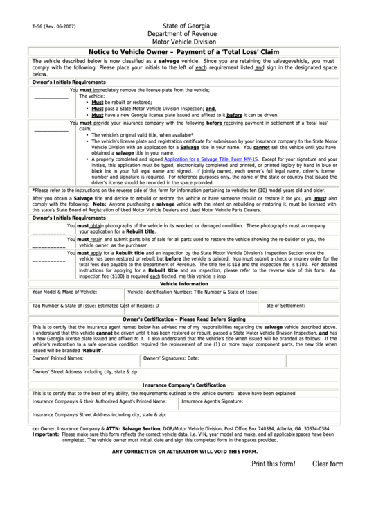 Form T-56 - Notice To Vehicle Owner - Payment Of A 