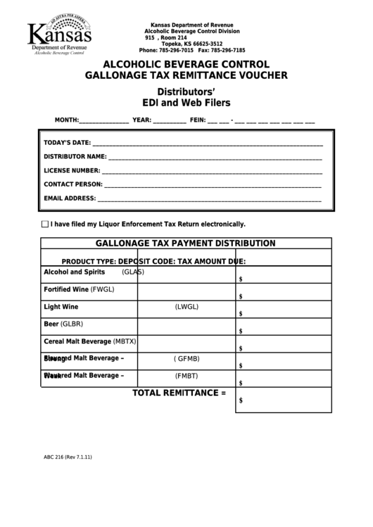Fillable Form Abc 216 - Alcoholic Beverage Control Gallonage Tax Remittance Voucher Printable pdf