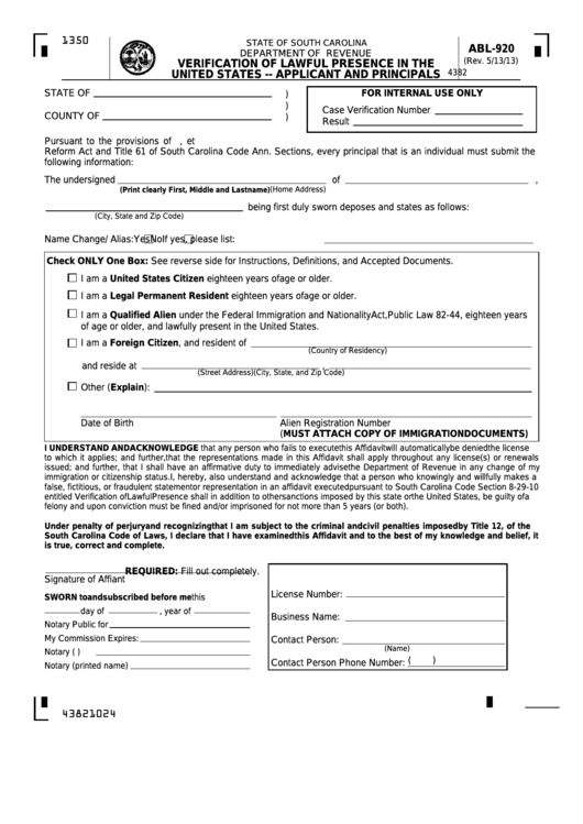 Form Abl-920 - Verification Of Lawful Presence In The United States -- Applicant And Principals Printable pdf