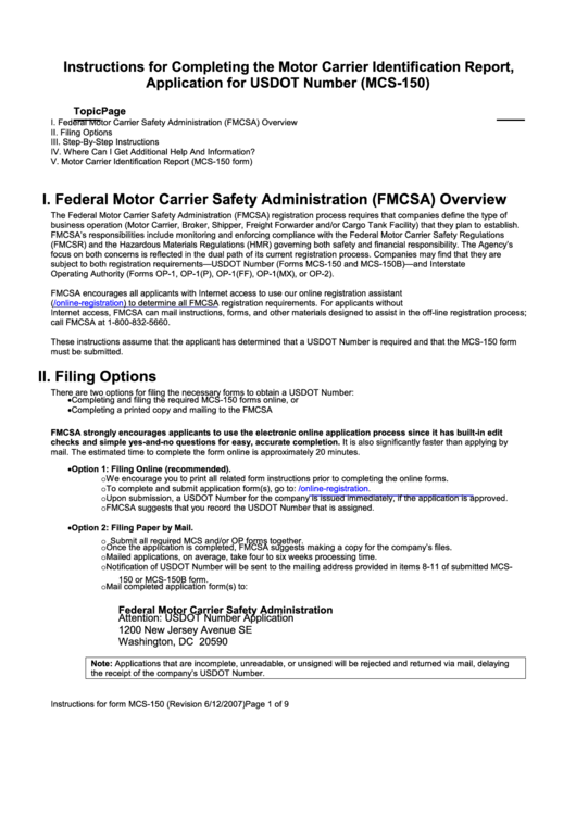 Fillable Form Mcs-150 - Motor Carrier Identification Report - Application For Usdot Number Printable pdf