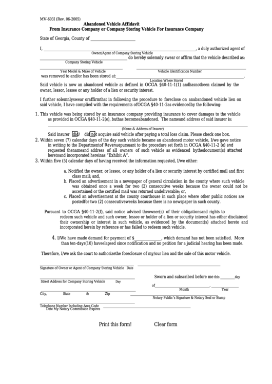 Fillable Form Mv-603i - Abandoned Vehicle Affidavit From Insurance Company Or Company Storing Vehicle For Insurance Company Printable pdf