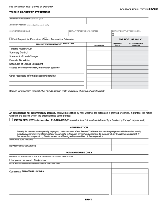 Fillable Form Boe-517-Ext - Request For Extension Of Time To File Property Statement Printable pdf