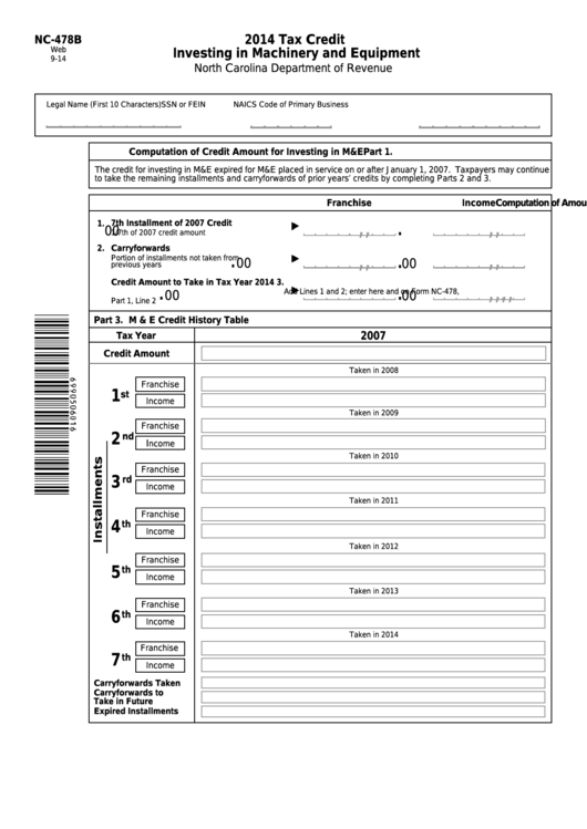 Form Nc-478b - Tax Credit - Investing In Machinery And Equipment - 2014 Printable pdf