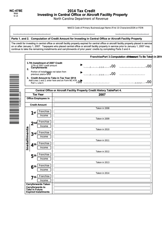 Form Nc-478e - Tax Credit - Investing In Central Office Or Aircraft Facility Property - 2014 Printable pdf