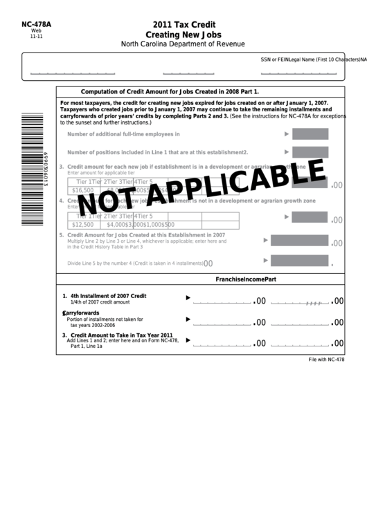 Form Nc-478a - Tax Credit - Creating New Jobs - 2011 Printable pdf