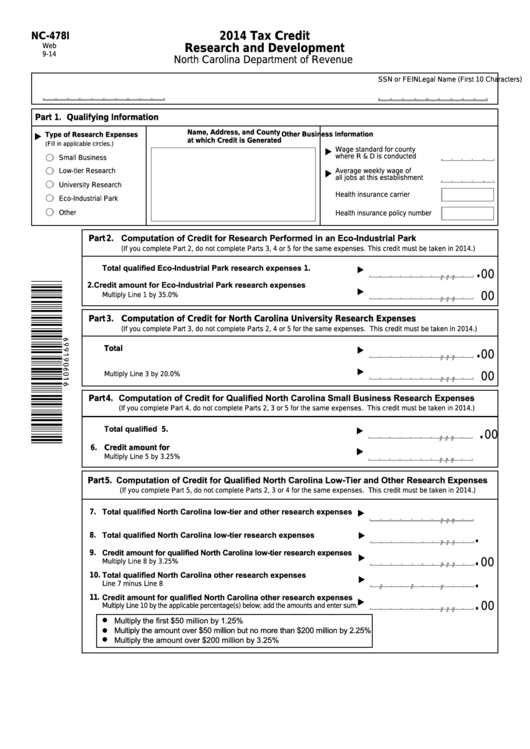 Form Nc-478i - Tax Credit - Research And Development - 2014 Printable pdf