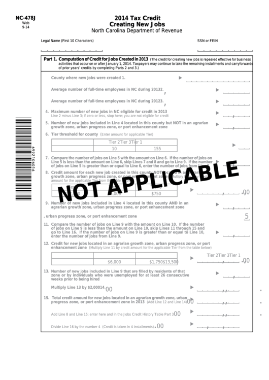 Form Nc-478j - Tax Credit - Creating New Jobs - 2014 printable pdf download