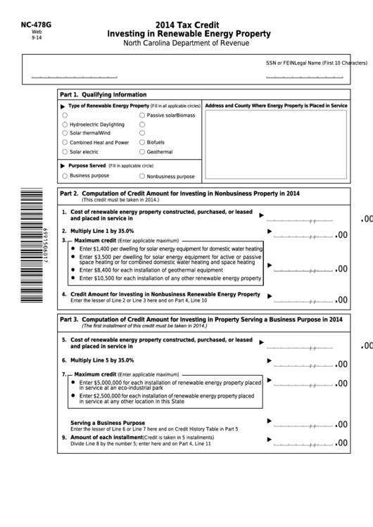 Form Nc-478g - Tax Credit - Investing In Renewable Energy Property - 2014 Printable pdf