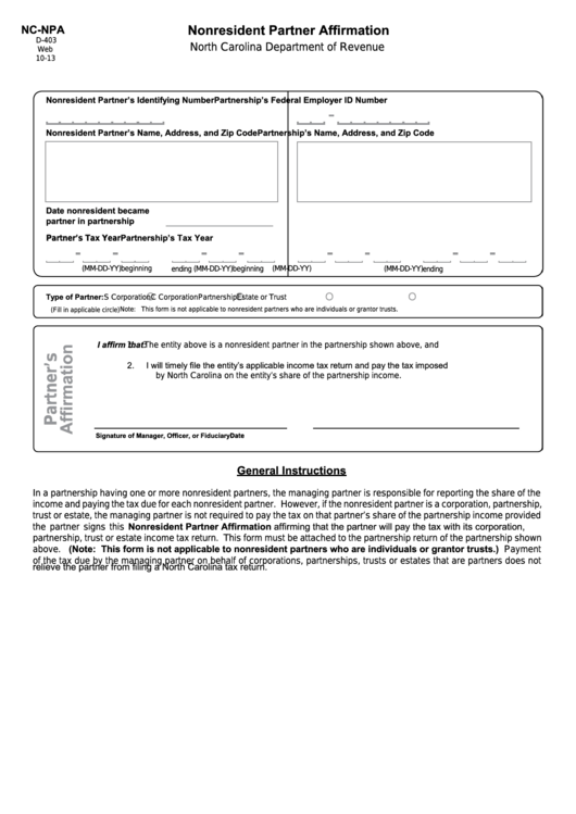 Form Nc-Npa - Nonresident Partner Affirmation Printable pdf