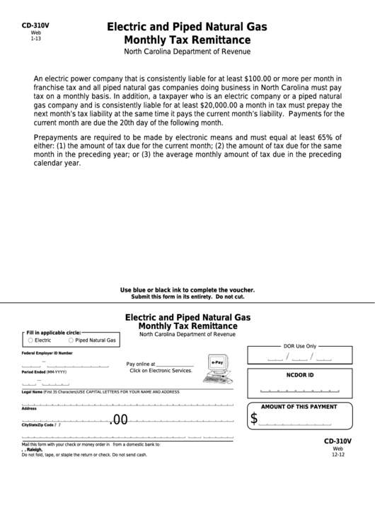 Form Cd-310v - Electric And Piped Natural Gas Monthly Tax Remittance Printable pdf