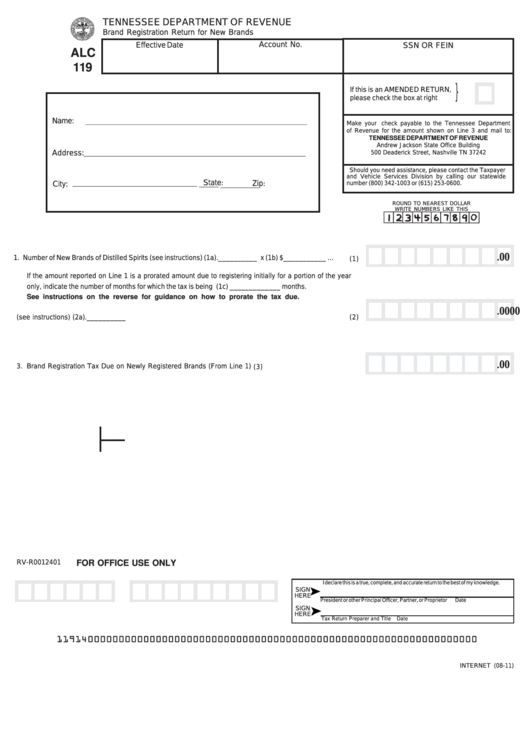 Form Alc 119 - Brand Registration Return For New Brands Printable pdf