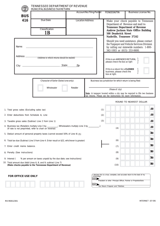 Form Bus 416 - Municipal Business Tax Return - Classification 1b Printable pdf
